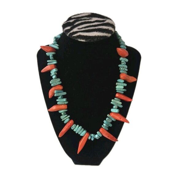 Vintage Southwestern Style Sterling Silver Turquoise & Coral Statement Necklace - Picture 1 of 5